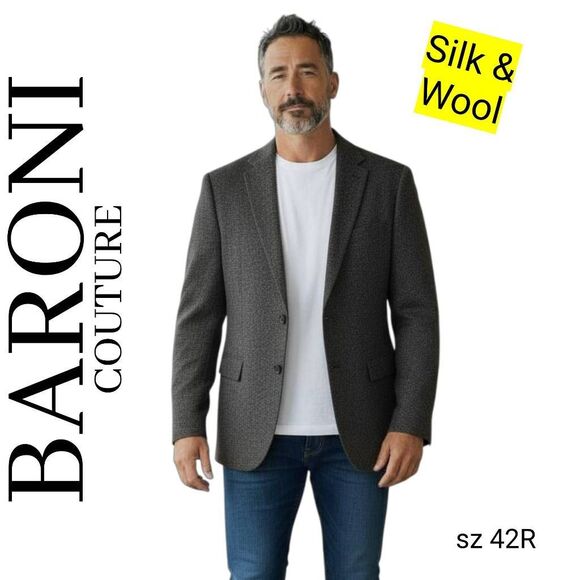 Baroni Couture Silk & Wool Grey Blazer Tan & Blue Flecks Sport Coat Jacket - Picture 9 of 9